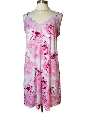 BCBGMAXAZRIA Womens L Chemise Pink Floral Lace-Trimmed Stretchy Nightgown Comfy